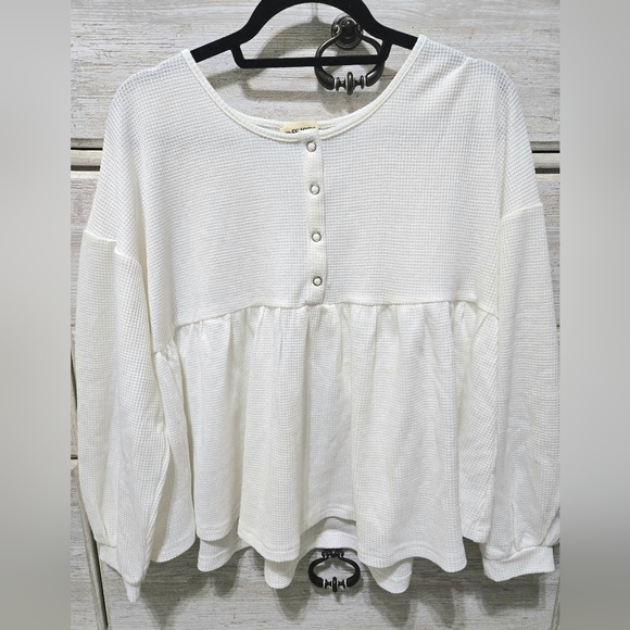Fall Waffle Knit Top Henley Baby Doll Top Cute Tops Girly Feminine Women’s Top - Picture 5 of 5